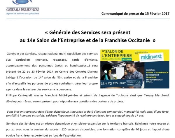 Générale des Services sera présent au 14e Salon de l’Entreprise et de la Franchise Occitanie