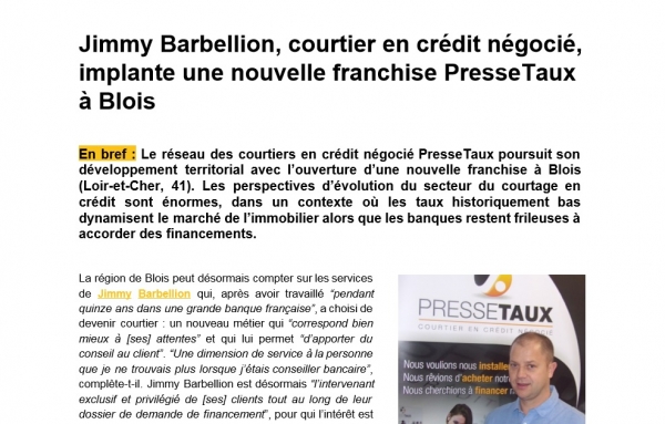 Jimmy Barbellion, courtier en crédit négocié, implante une nouvelle franchise PresseTaux à Blois